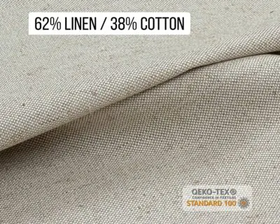 62% Pellava 38% Puuvillainen säkkikankaan kaltainen kangas.