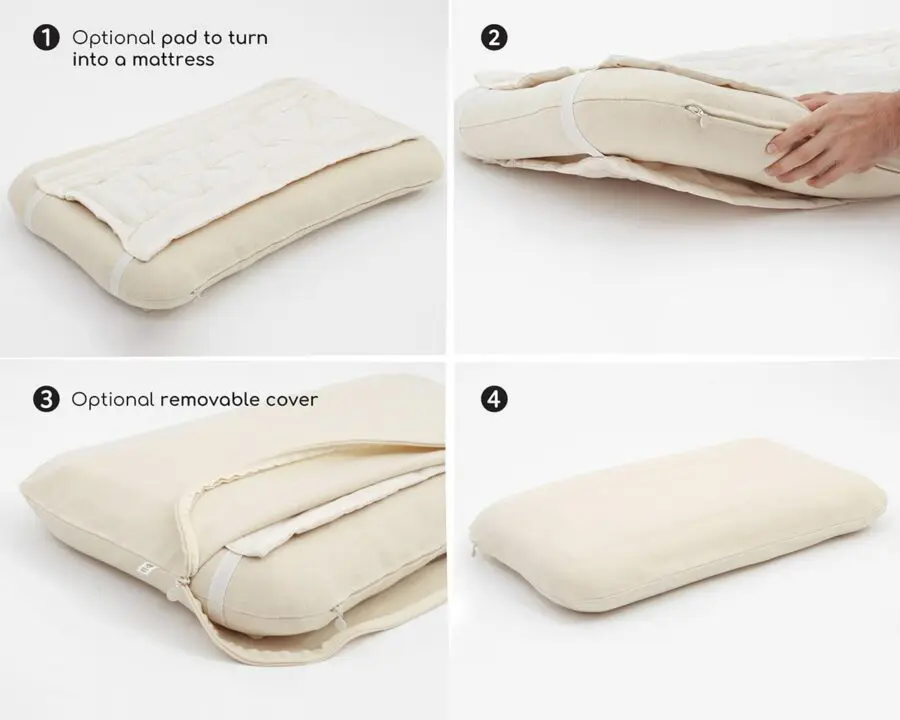 Home of Wool co-sleeping piwllow with optional cushion and cover to turn into mattress