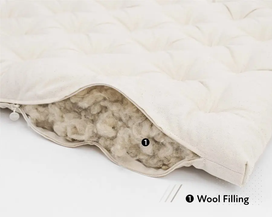 Home of Wool crib topper with natural wool filling (non-toxic top mattress) - stuffing detail