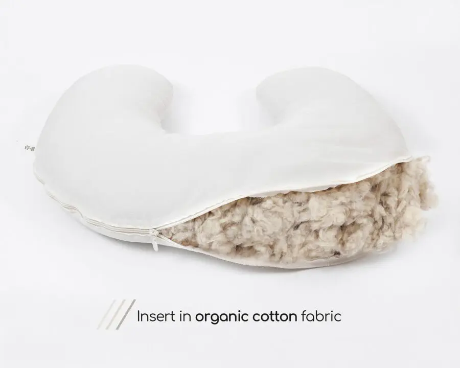 Almohada de lactancia Insertable en tejido de algodón orgánico con funda sin cierre y relleno de lana visible
