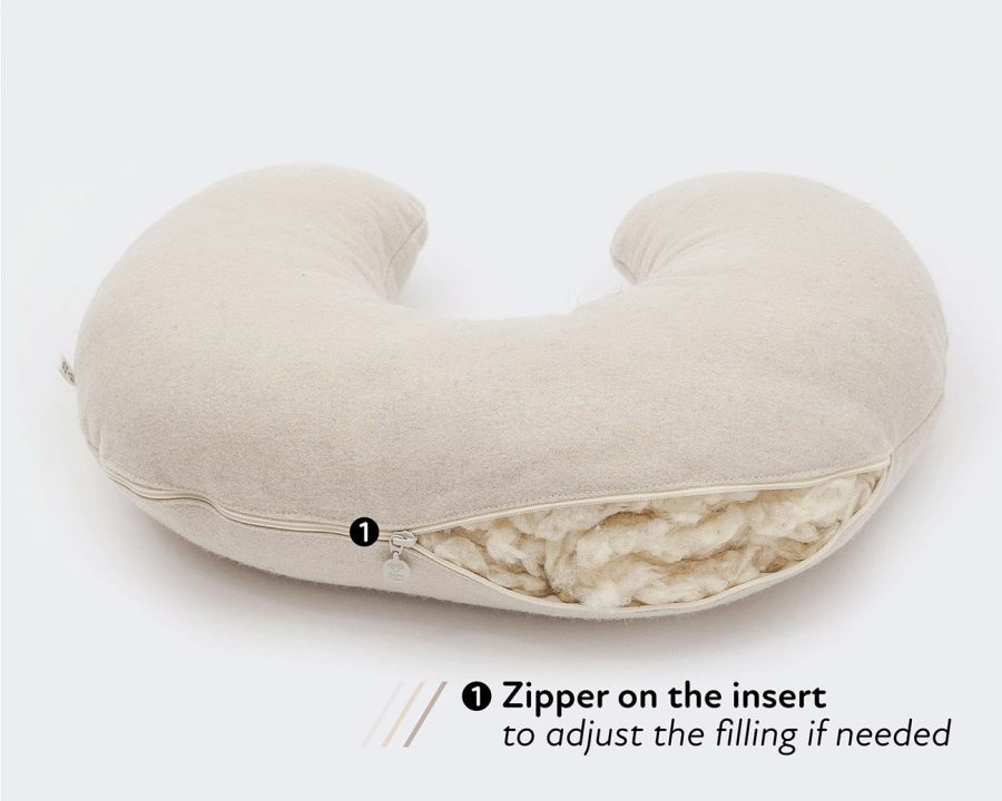 Home of Wool nursing pillow boppy size - wool stuffing detail and features