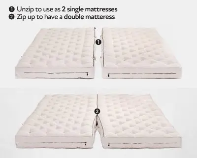 Home of Wool split mattress in 2 side by side pieces - zipped and unzipped