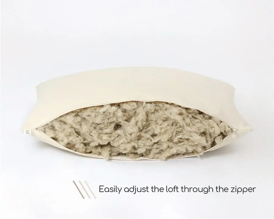 Home of Wool adjustable wool sleeping pillow with text