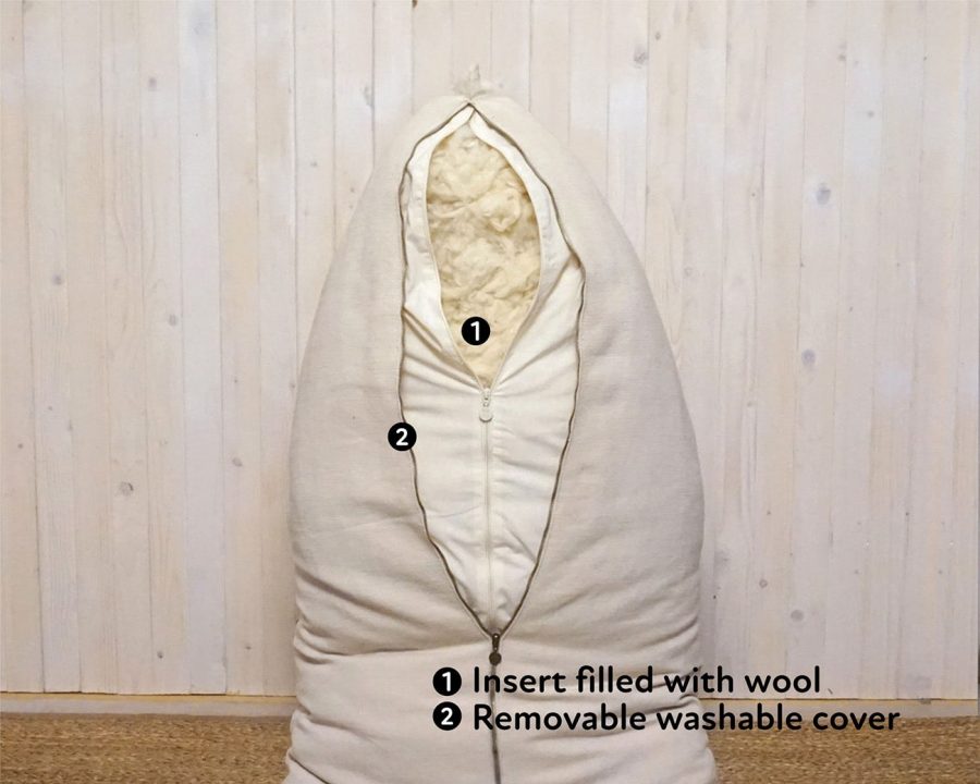 natural wool-filled bean bag chair with open zipper covers