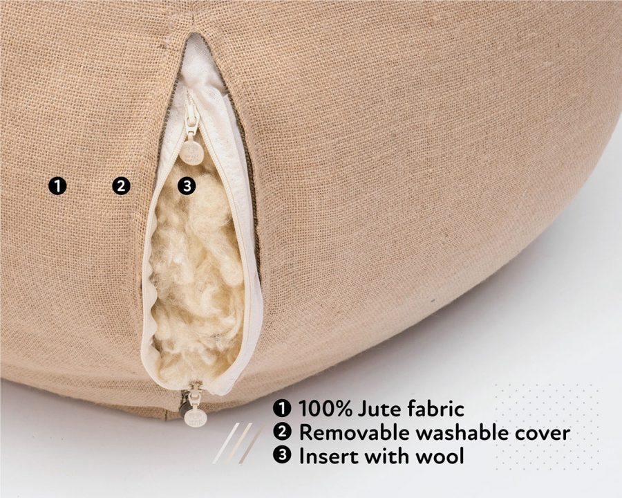 Home of Wool naturlig økologisk saccosekkestol med jute-stofftrekk - detaljer om fylling