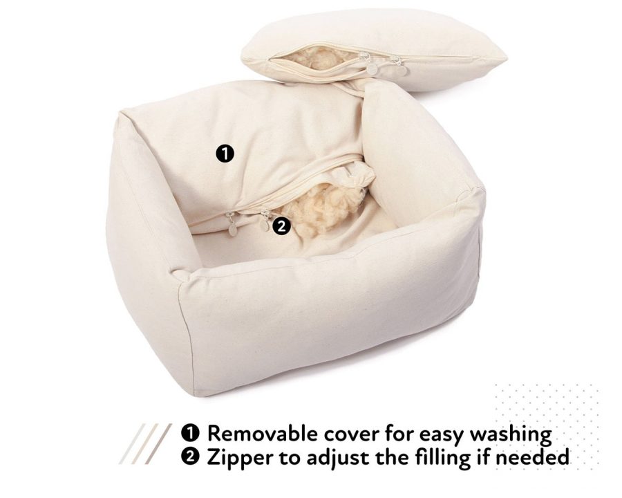 Home of Wool Natural pet bed with boards - open zipper - with text