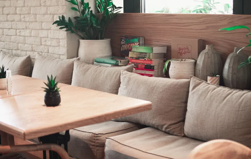 cafe table with custom wool cushions