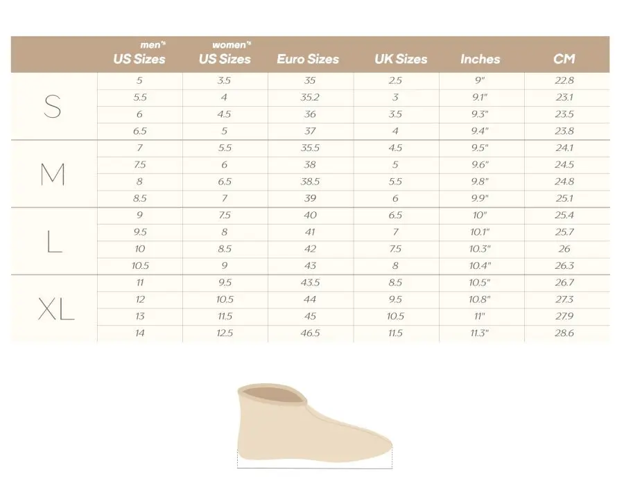 Tabella delle dimensioni delle pantofole di lana Nomad Heat