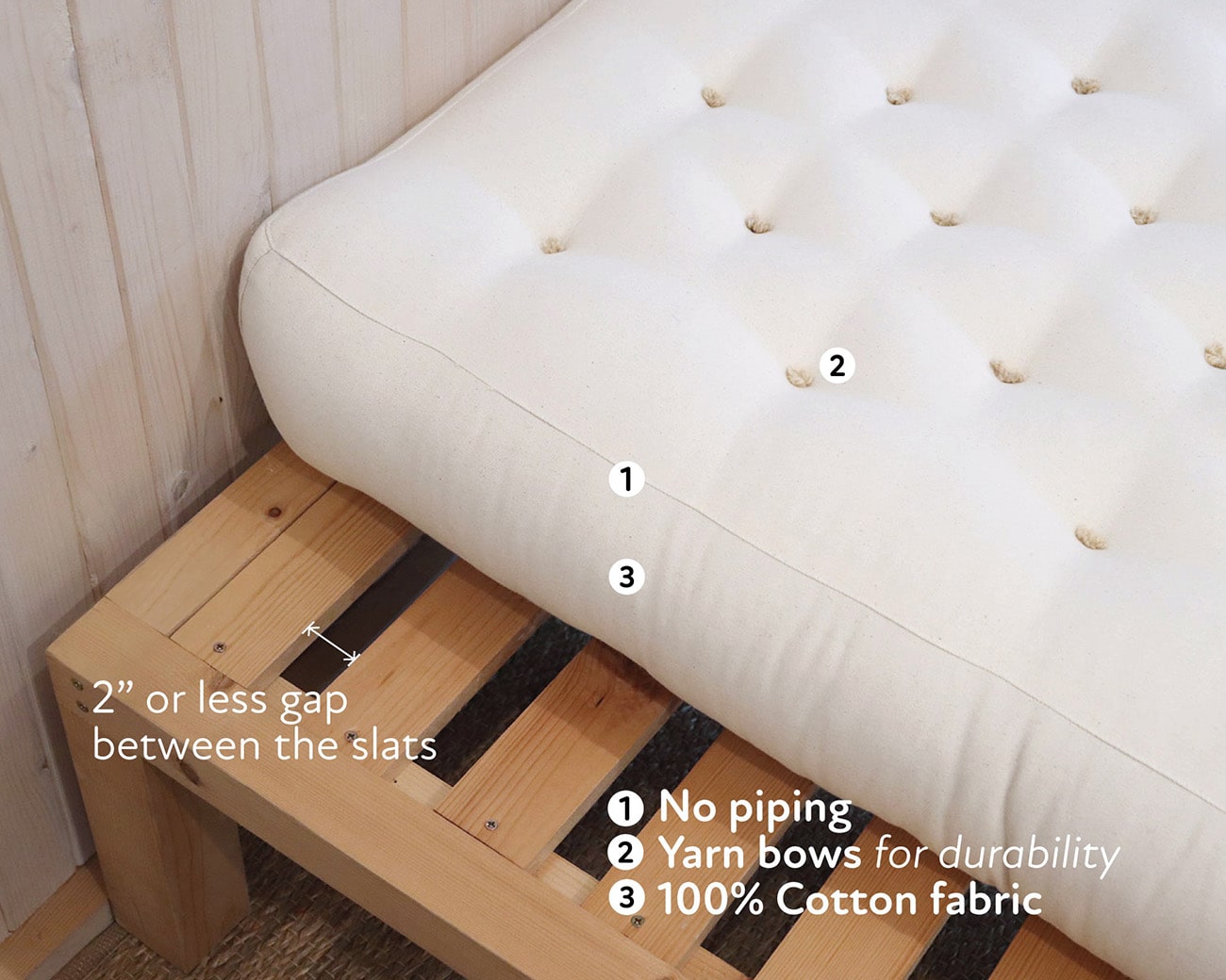 wool mattress on a wooden bed frame