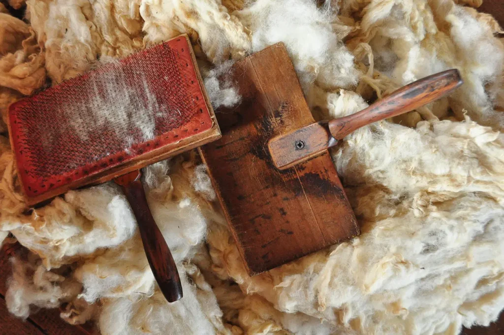 hand carders in top of a pile of wool