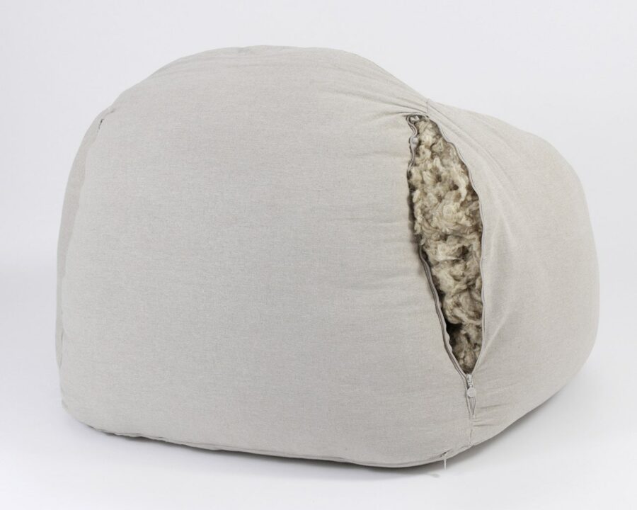 Bean bag armchair - open zipper on the insert with visible wool filling