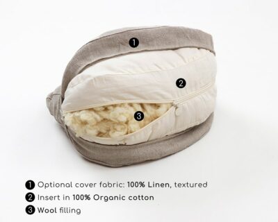Half Moon Zafu Meditation Cushion with unzipped cover and insert and visible wool filling
