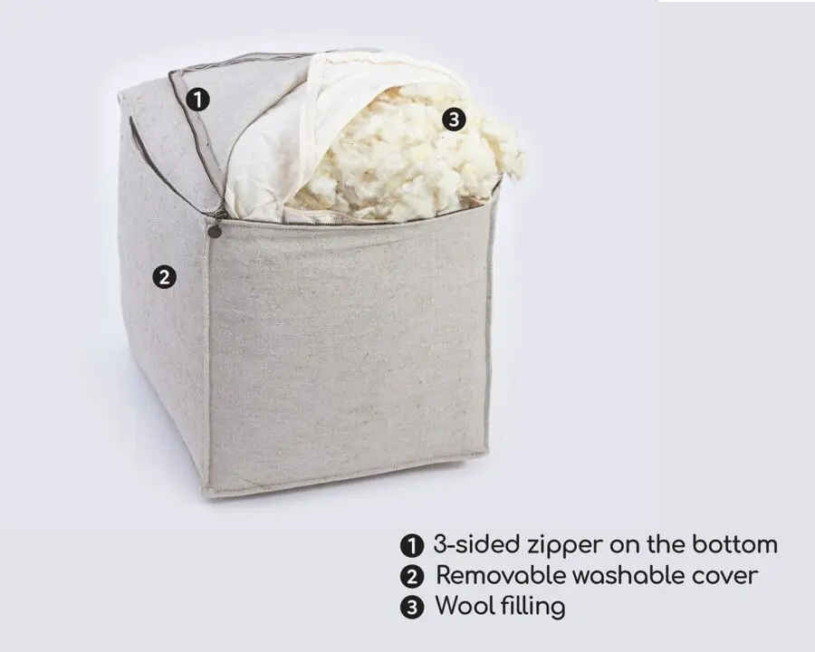 Home of Wool cube ottoman with unzipped cover and insert and visible wool filling