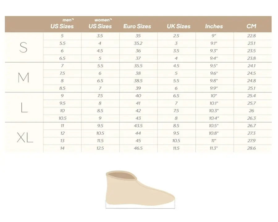 wool slippers size chart