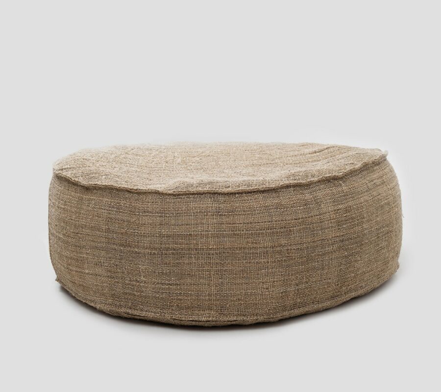 Wool Round Ottoman with Flat Sides with hemp cover