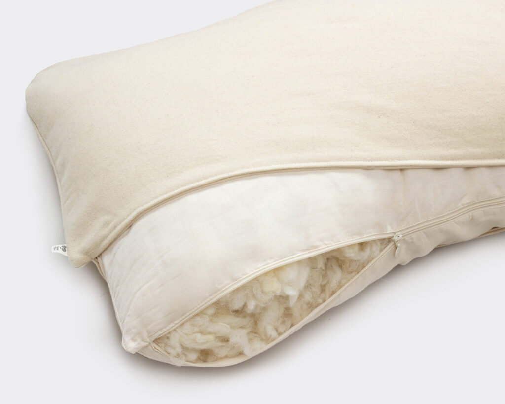 unzipped home of wool body pillow revealing wool inside