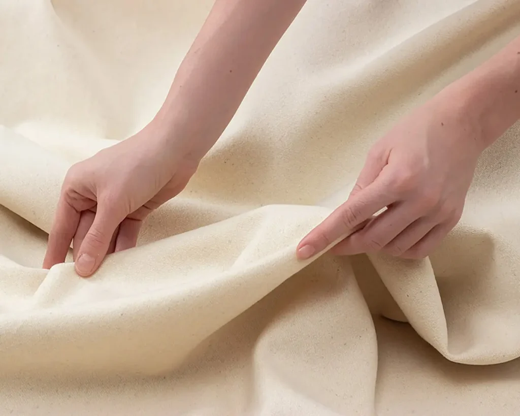 hands holding 100% virgin wool fabric