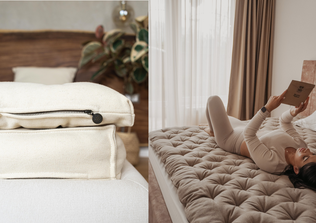 hyggeligt sengetøj med lynlåsdetalje, kvinde slapper af på en uldmadras