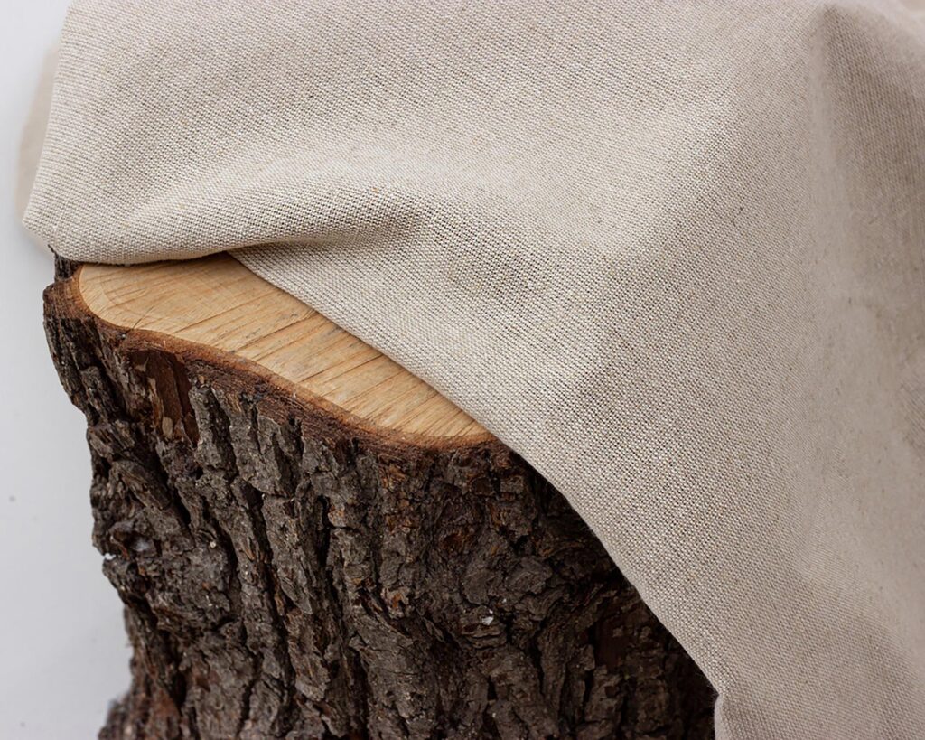 lähikuva pellava- ja puuvillakankaasta puun kannolla