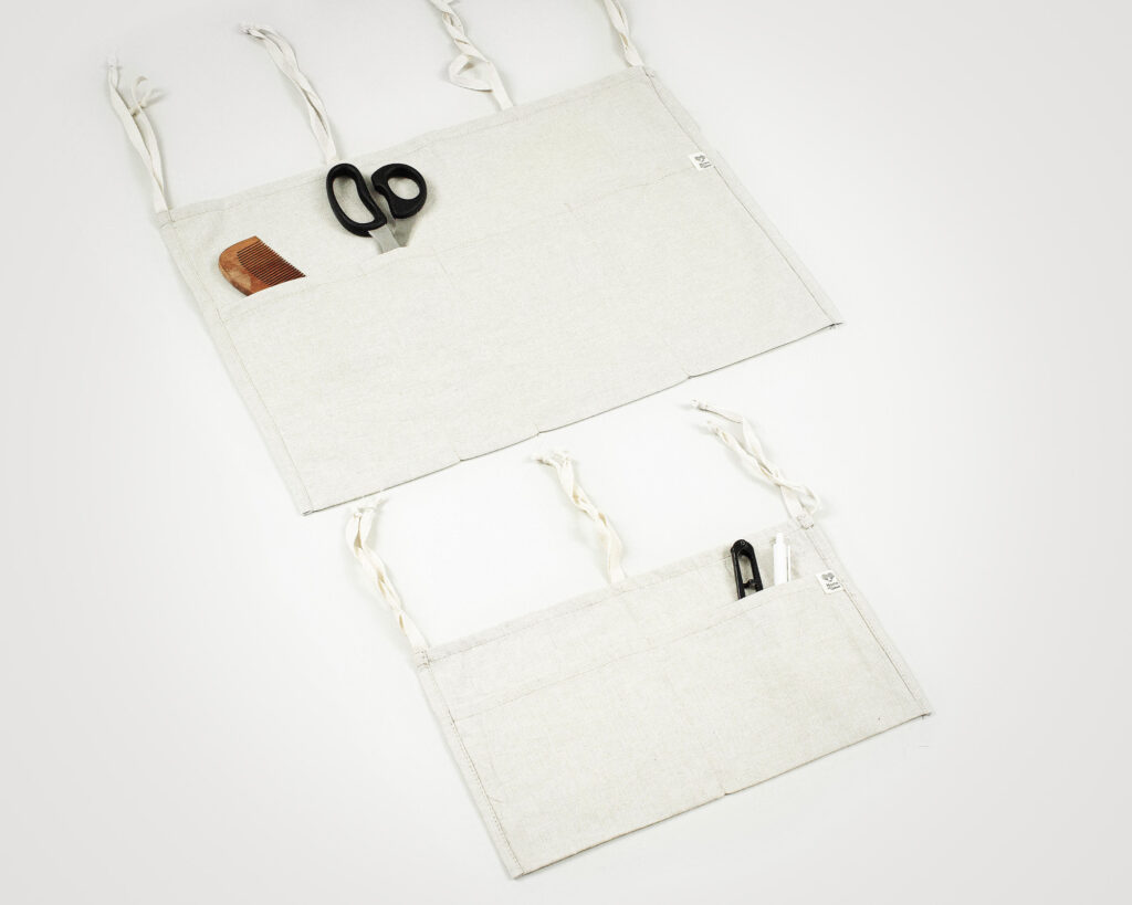 wool hanging storage bag with ties and items